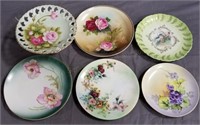 6 Hand-Painted Floral Plates: Lefton, German, etc.