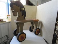 Old Wooden Toy Horse 6" wood Wheels 24" Tall