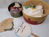 Linens/sewing notions/adv. fans/hat boxes