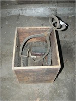 Antique wooden crate, pair of ice tongs