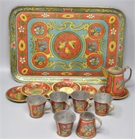 1920s 14 pc. Litho Tin Toy Tea Set Flowers &
