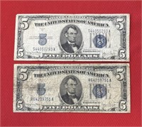 1934D $5 SILVER CERTIFICATES LOT OF 2