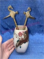 (2) Oriental brass bird sticks in vase (cracked)