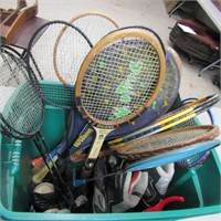Tennis racket and more lot in tote.