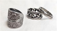 3 SILVER COLOURED RINGS / BANDS SIZES 11, 10 & 8