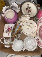 Box of hand painted dishes and more