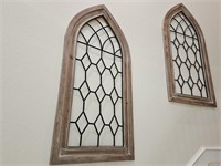 2- Wood & Metal Arched Windo Panels / Wall Decor