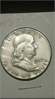 1957D US Silver Half Dollar Coin Ben Franklin