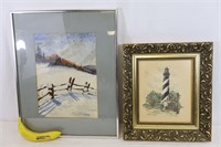 2 Orig. Signed Watercolors, FL Lighthouse + Winter