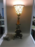 Vtg Brass Lamp w/ Stained Glass Shade - 22.5"