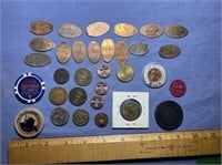 ASSORTED COINS, FLATTENED PENNY'S & TOKENS
