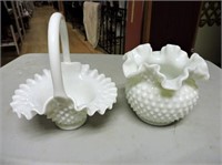 Hobnail Milk Glass Basket & Vase