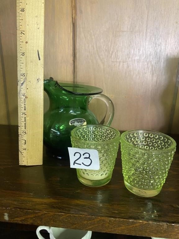 BISCHOFF Green blown glass creamer and two green
