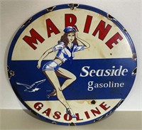 Round Enamel "MARINE SEASIDE GASOLINE" Sign