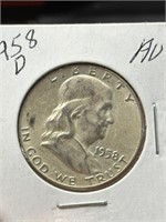 1958 D Ben Franklin Silver Half Dollar
