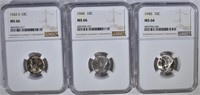 1943-S, 44 & 45 MERCURY DIMES, NGC MS-66