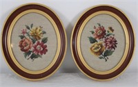 PAIR OF FRAMED OVAL FLORAL CROSS-STITCH WALL ART