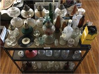 Shelf Full of Glassware , Oil Lamps & More