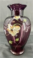 Large Fenton Aubergine Vase HP by: D Frederick UV