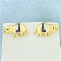 Sapphire, Ruby, and Diamond Elephant Earrings in 1