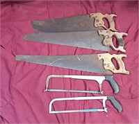 5 hand saws - 3 wooden handled with one having