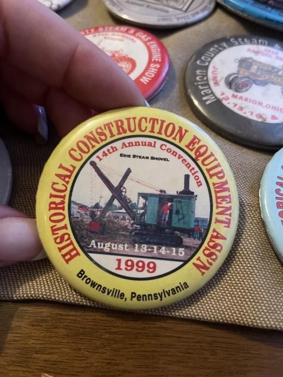 Farm Machinery advertising pins: John Deere, Allis, IH more