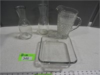 Anchor baking dish; glass pitcher; 2 milk bottles