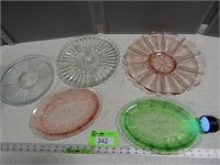 2 Divided plates; glass platter; 2 Depression Glas