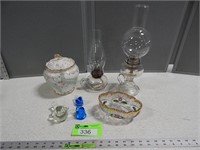 Footed bowl; glass birds; 2 oil lamps; covered urn