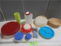 Plastic containers; plastic cups; flatware; plasti