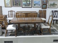 WOODEN DBL PEDESTAL DINING TABLE W/CHAIRS