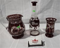 3 EGERMANN CZECH BOHEMIAN RUBY GLASS PCS