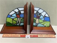 PAIR OF GOLF STAINED GLASS BOOK ENDS