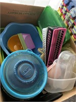Box of plastic storage containers, baskets,