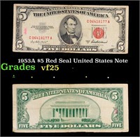 1953A $5 Red Seal United States Note Grades vf+