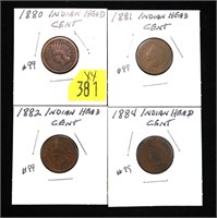 x4- Indian Head cents: 1880, 1881, 1882, 1884 -x4