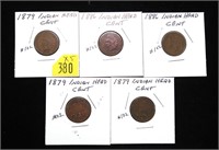 x5- Indian Head cents: 1879, 2-1886, 2-1879 -x5