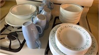 Corelle plates, mugs, bowls, platter / dinnerware