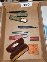 SEVERAL RAZOR KNIVES- VTG. GLASS CASE & CHANGE