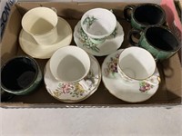 Tray Lot Of Assorted Teacups, Saucers And 3 Blue