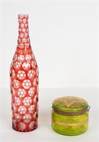Barber Bottle & Enameled Glass Dresser Jar
