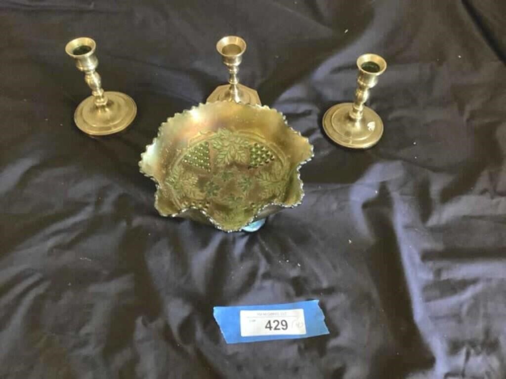 Carnival glass bowl & 3  brass candle holders