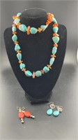 Turquoise Necklace Black Matrix and Amber Beads