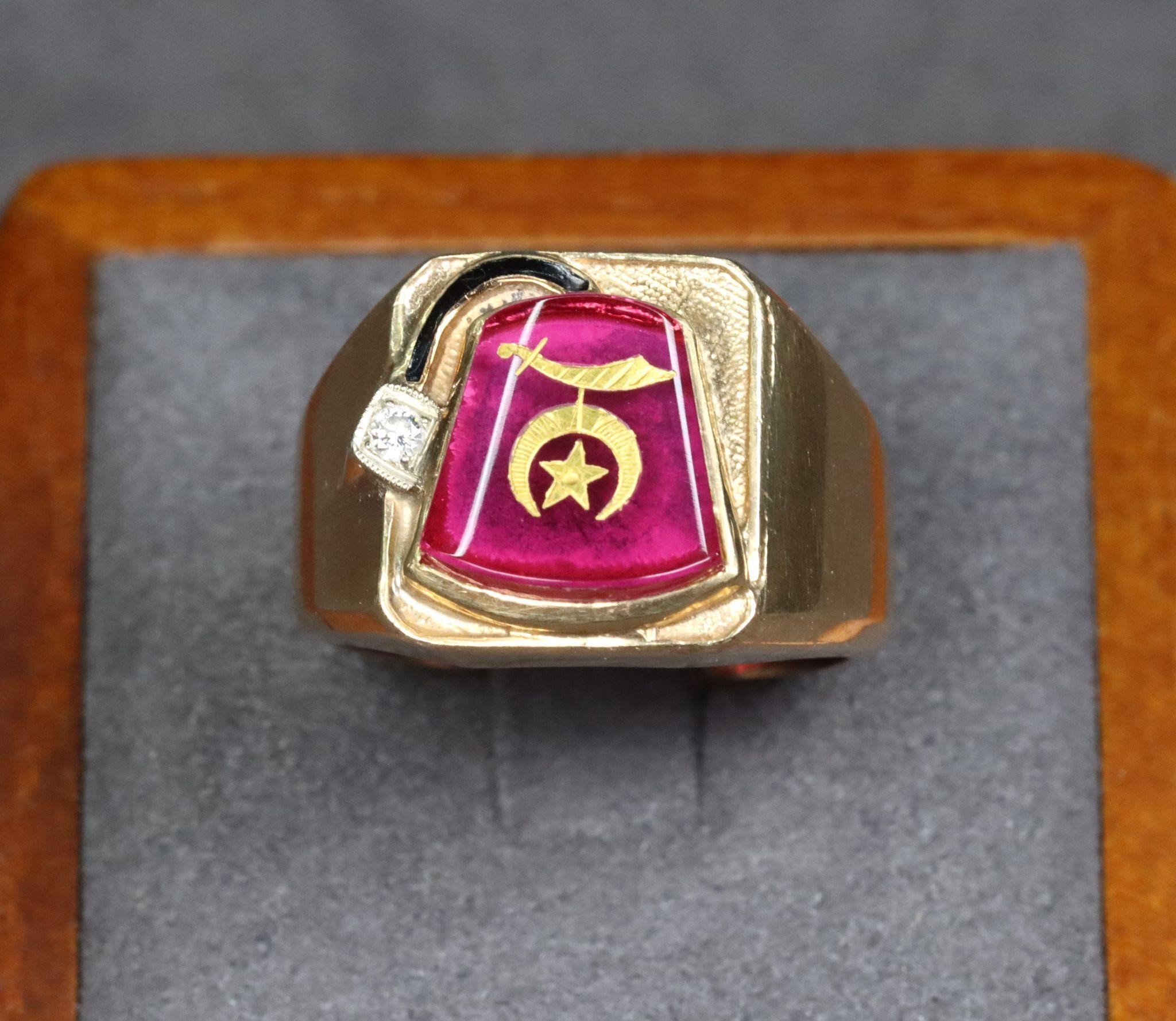 10K Gold Ruby & Diamond Shriners Ring
