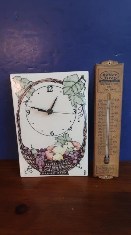 Ceramic Clock, Vintage Better Tires Thermometer