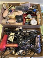 TWO FLATS OF MAKEUP, HAIR BRUSHES, CURLING I