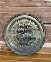 VINTAGE BRASS TRAY CLIPPER SHIP EMBOSSED MCM WALL