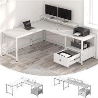 White L Shaped Desk  67 in  with Storage Drawers