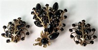 Vintage Black Rhinestone Goldtone Brooch/Earrings