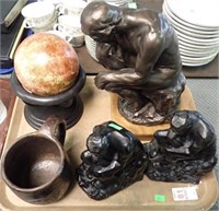 3 CARVED THINKER STATUES, WOOD MUG + GLOBE